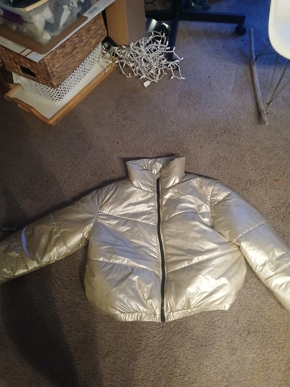 Metallic Gold Puffer Jacket - Cropped Zip Front Woman Size Large
